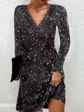 Abito Elegante Midi da Donna con Scollo a V e Lustrini Brillanti | Vestito da Sera Luccicante a Maniche Lunghe