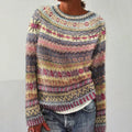 Maglione da Donna Girocollo in Maglia con Motivo Geometrico Scandinavo a Righe | Pullover Invernale Morbido Fair Isle Multicolor