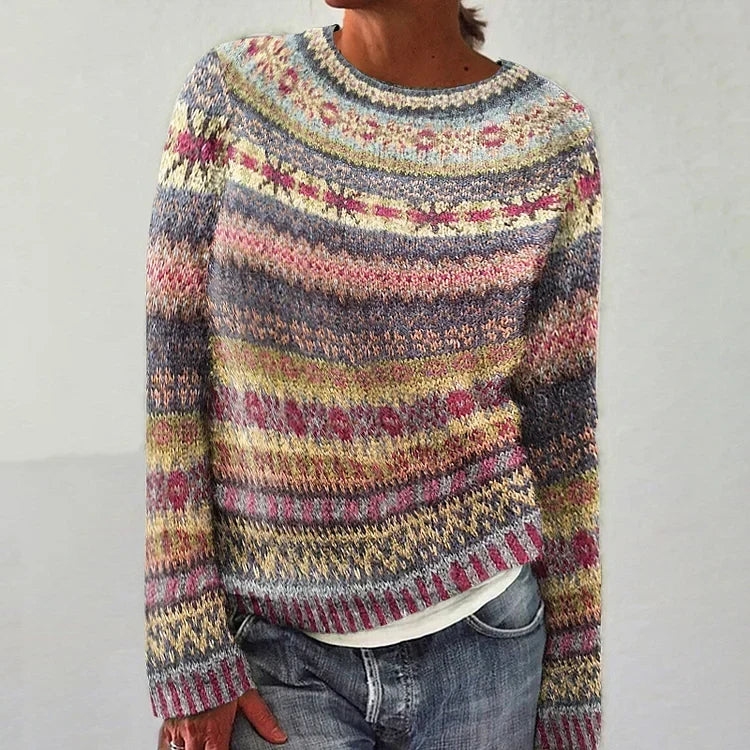 Maglione da Donna Girocollo in Maglia con Motivo Geometrico Scandinavo a Righe | Pullover Invernale Morbido Fair Isle Multicolor