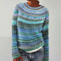 Maglione da Donna Girocollo in Maglia con Motivo Nordico Glaciale | Pullover Invernale Morbido Fair Isle sui Toni del Blu e Turchese
