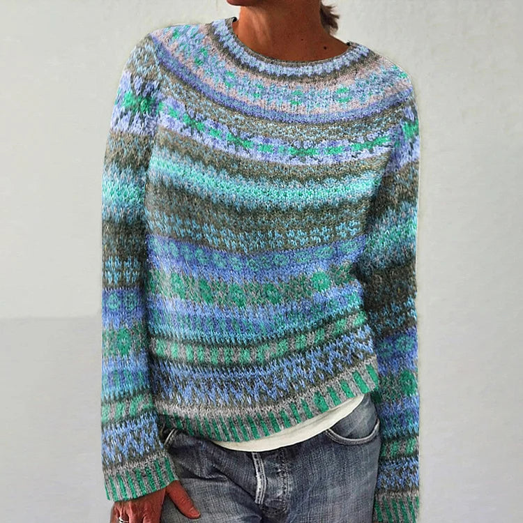 Maglione da Donna Girocollo in Maglia con Motivo Nordico Glaciale | Pullover Invernale Morbido Fair Isle sui Toni del Blu e Turchese