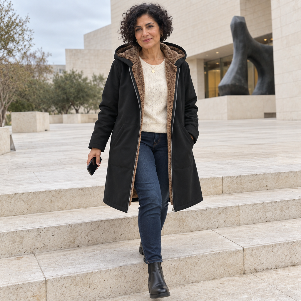 Cappotto Invernale da Donna con Cappuccio e Fodera in Sherpa | Giaccone Caldo con Zip Frontale e Tasche Laterali