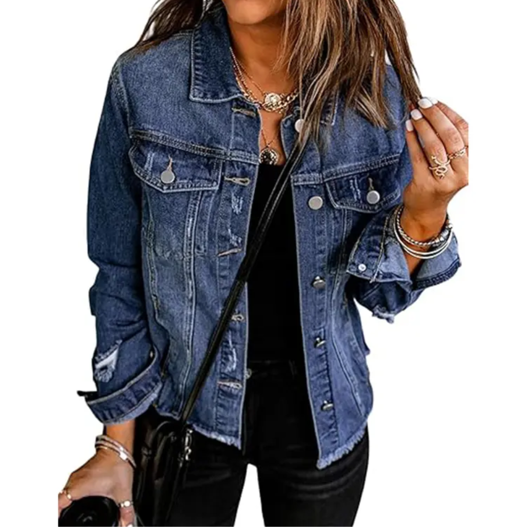 Giacca di Jeans da Donna con Strappi ed Effetto Consumato | Giubbotto Denim Vintage con Orlo Sfilacciato e Tasche sul Petto