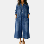 Tuta Intera Donna in Denim Lavato a Gamba Larga con Bottoni