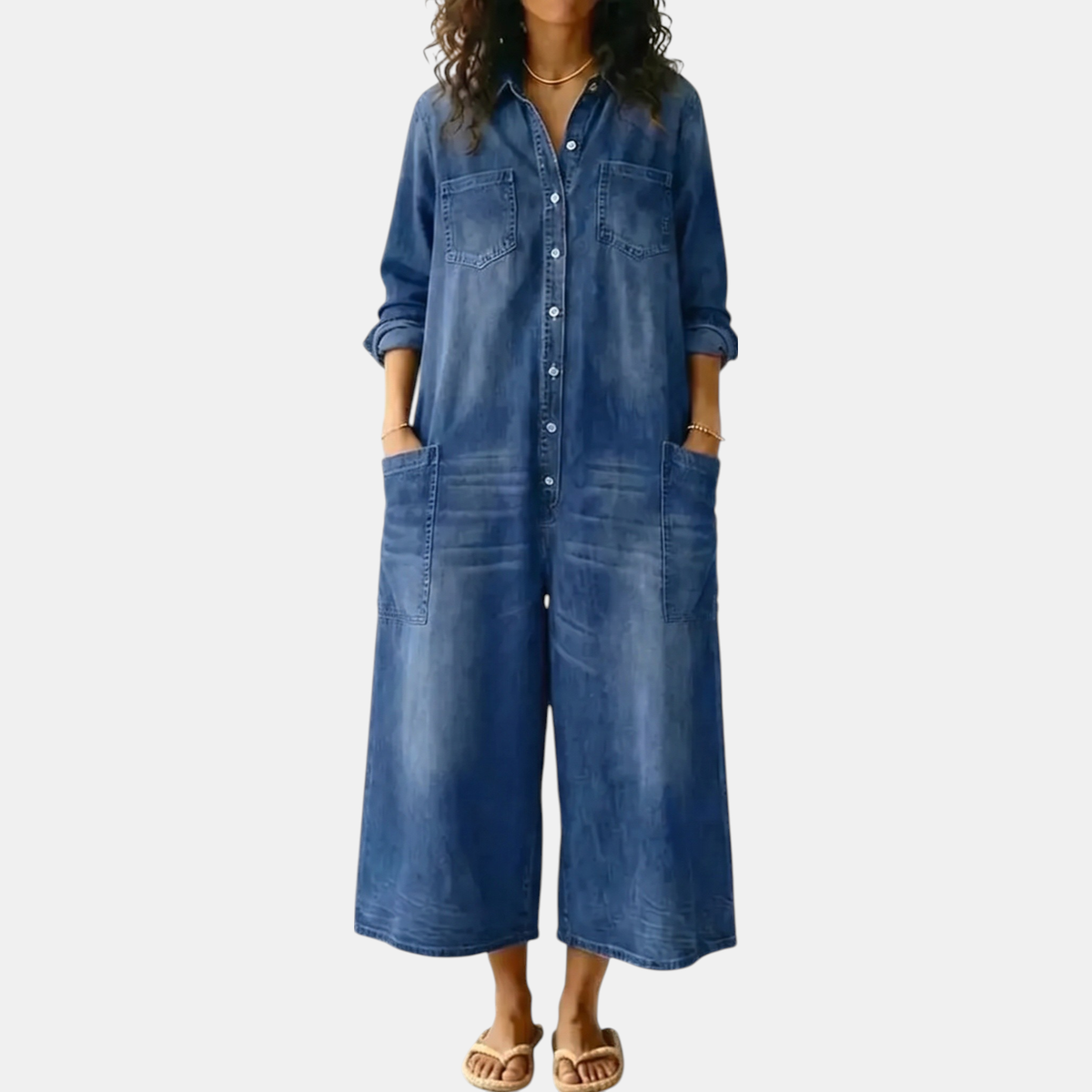 Tuta Intera Donna in Denim Lavato a Gamba Larga con Bottoni