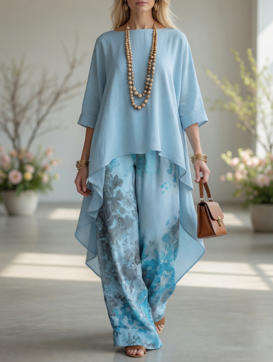 Completo da Donna Elegante con Stampa Botanica Vintage | Set Coordinato 2 Pezzi Tunica Asimmetrica High-Low e Pantaloni a Gamba Larga