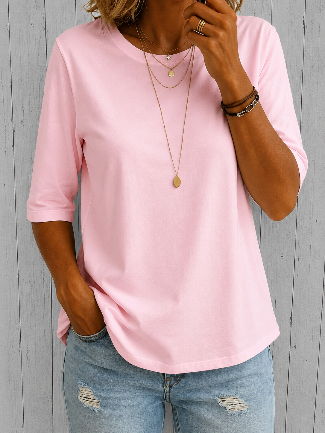T-Shirt da Donna a Maniche a Mezza Lunghezza con Scollo Rotondo | Maglietta Estiva Morbida e Traspirante a Maniche al Gomito