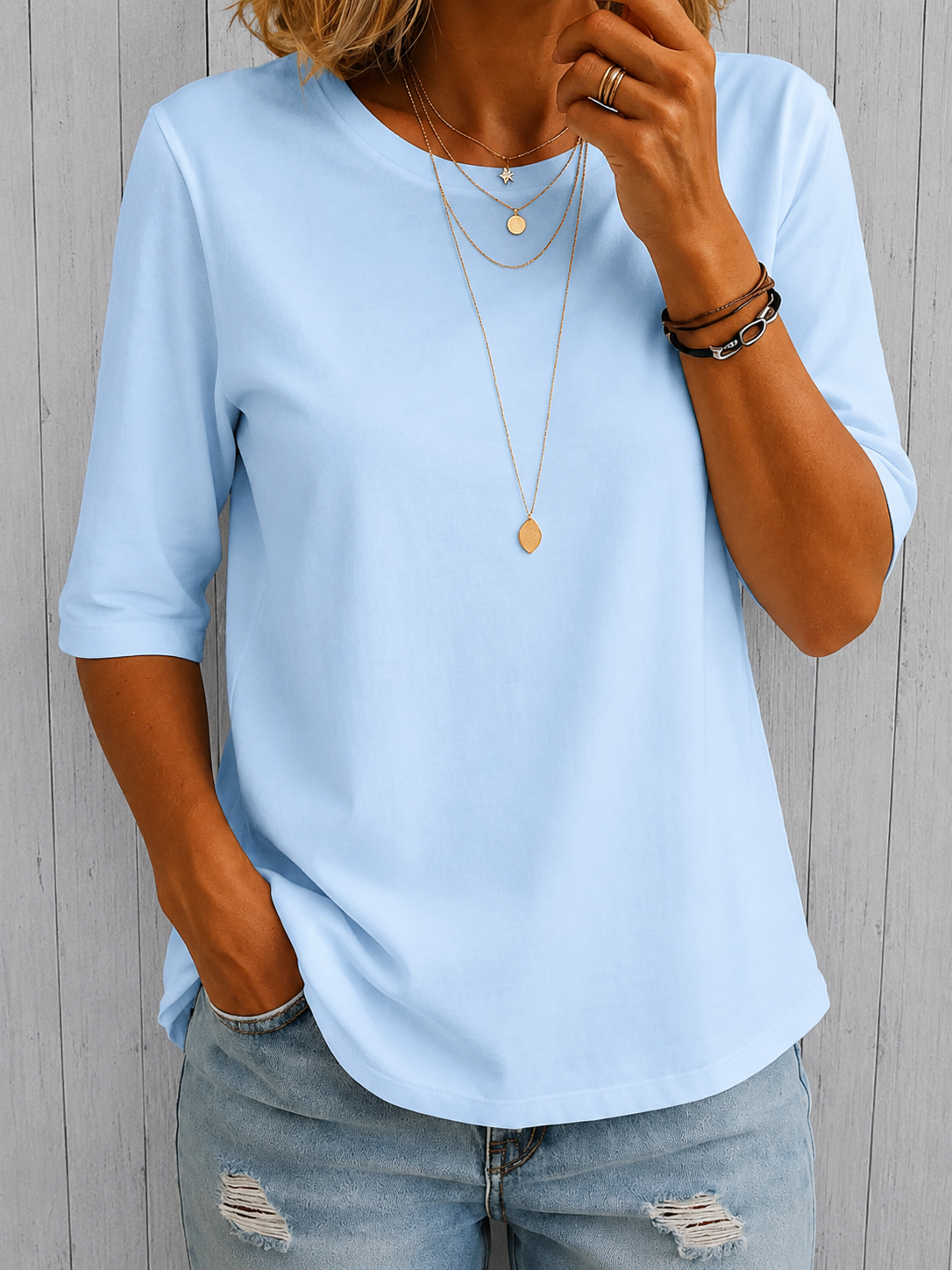 T-Shirt da Donna a Maniche a Mezza Lunghezza con Scollo Rotondo | Maglietta Estiva Morbida e Traspirante a Maniche al Gomito