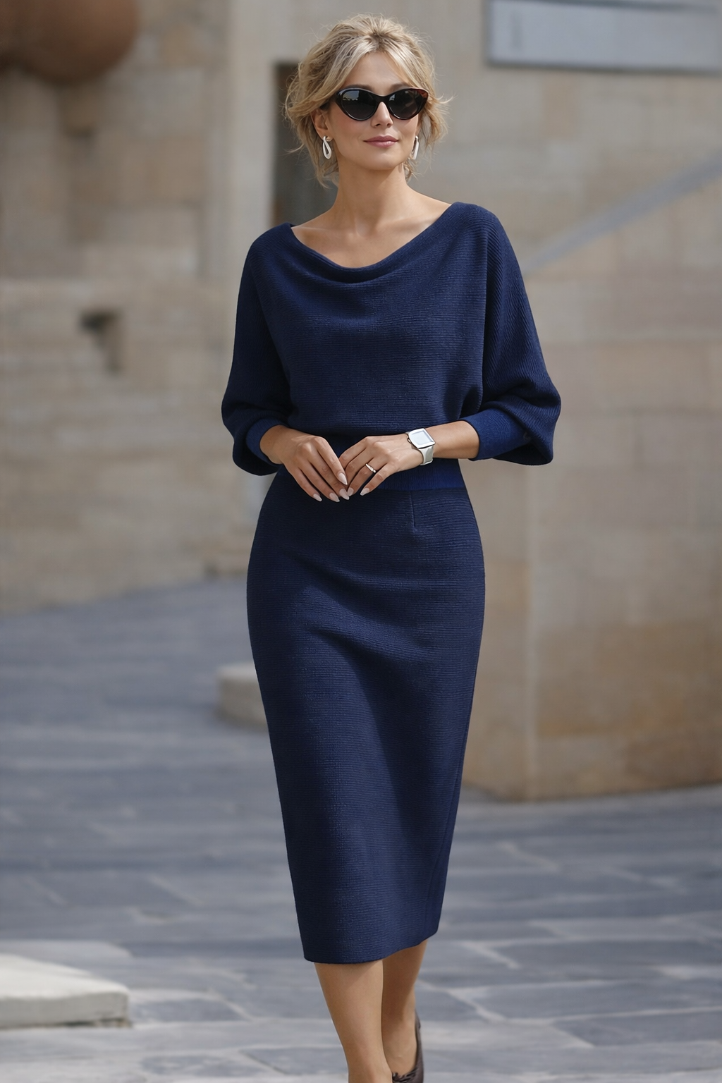 Abito Midi da Donna con Maniche a Pipistrello Drappeggiate | Vestito Elegante a Tubino Morbido