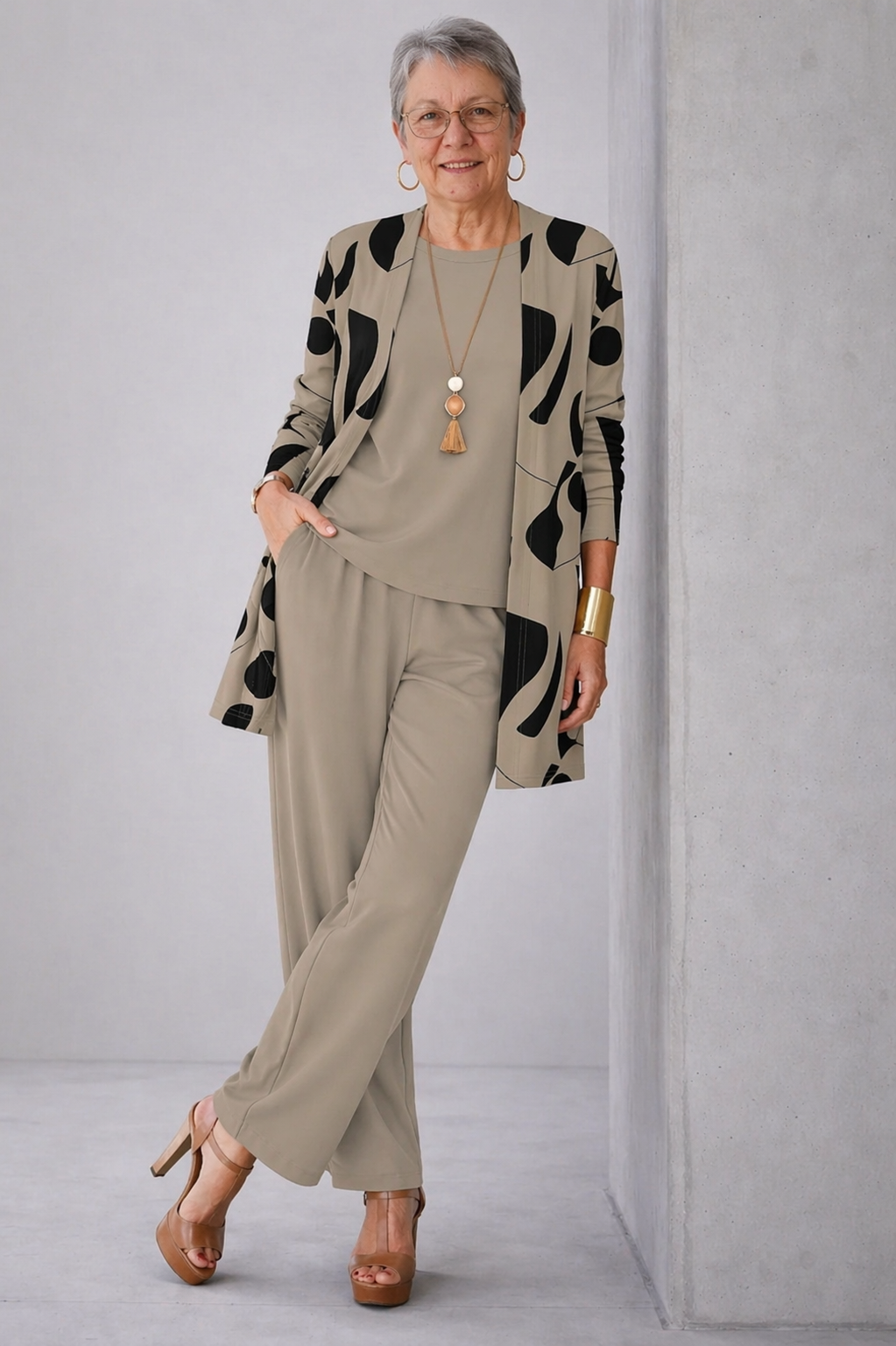 Completo Elegante 3 Pezzi da Donna con Cardigan Stampato, Top Girocollo e Pantaloni Morbidi | Coordinato Casual Chic Traspirante