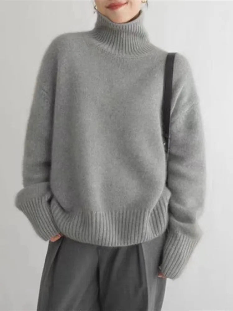 Maglione da Donna a Collo Alto in Maglia Morbida a Costine | Pullover Dolcevita Caldo Invernale con Spacchi sui Polsini