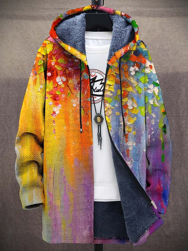 Cardigan Lungo da Donna con Cappuccio e Zip Foderato in Peluche | Giacca Calda con Stampa Patchwork Artistica