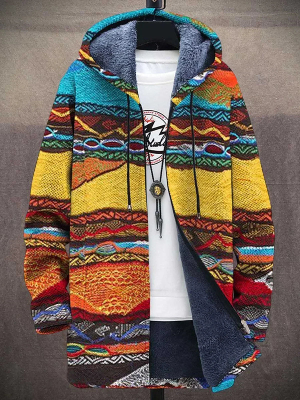 Cardigan Lungo da Donna con Cappuccio e Zip Foderato in Peluche | Giacca Calda con Stampa Patchwork Artistica
