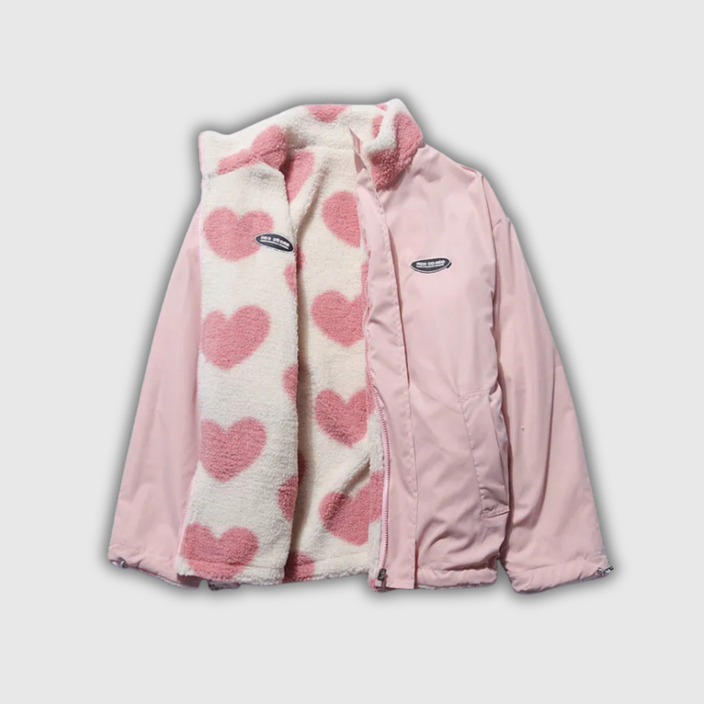 Giacca Invernale Reversibile da Donna Imbottita con Interno in Pile Teddy a Cuori | Piumino Corto Caldo con Collo Alto, Zip Frontale e Tasche Laterali