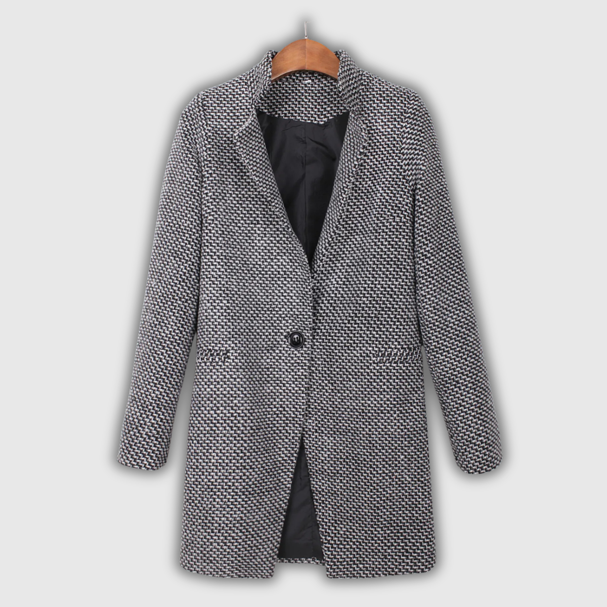Cappotto Sartoriale da Donna in Tweed Testurizzato Sale e Pepe con Revers Classici | Soprabito Monopetto al Ginocchio con Bottone Singolo, Fodera Interna e Tasche a Filetto