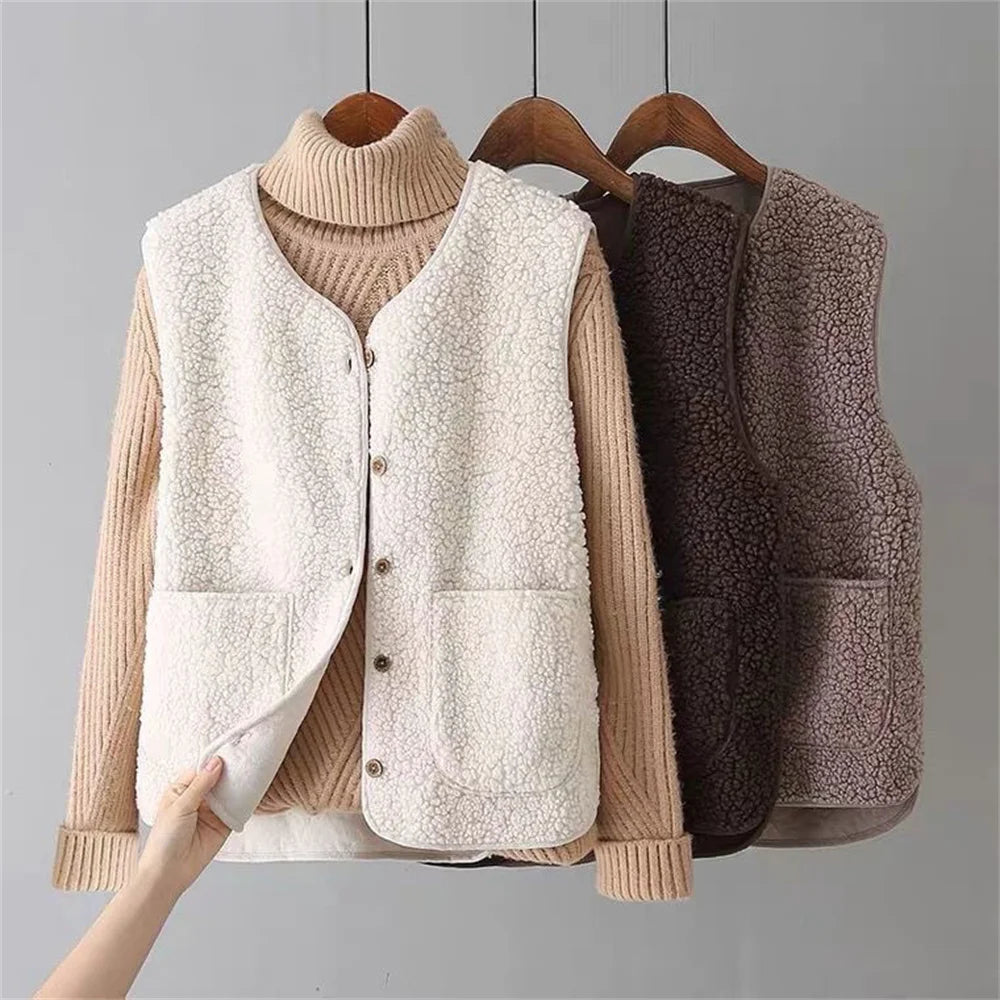 Gilet da Donna in Caldo Pile Sherpa con Bottoni e Scollo a V | Smanicato Invernale Morbido con Tasche Applicate