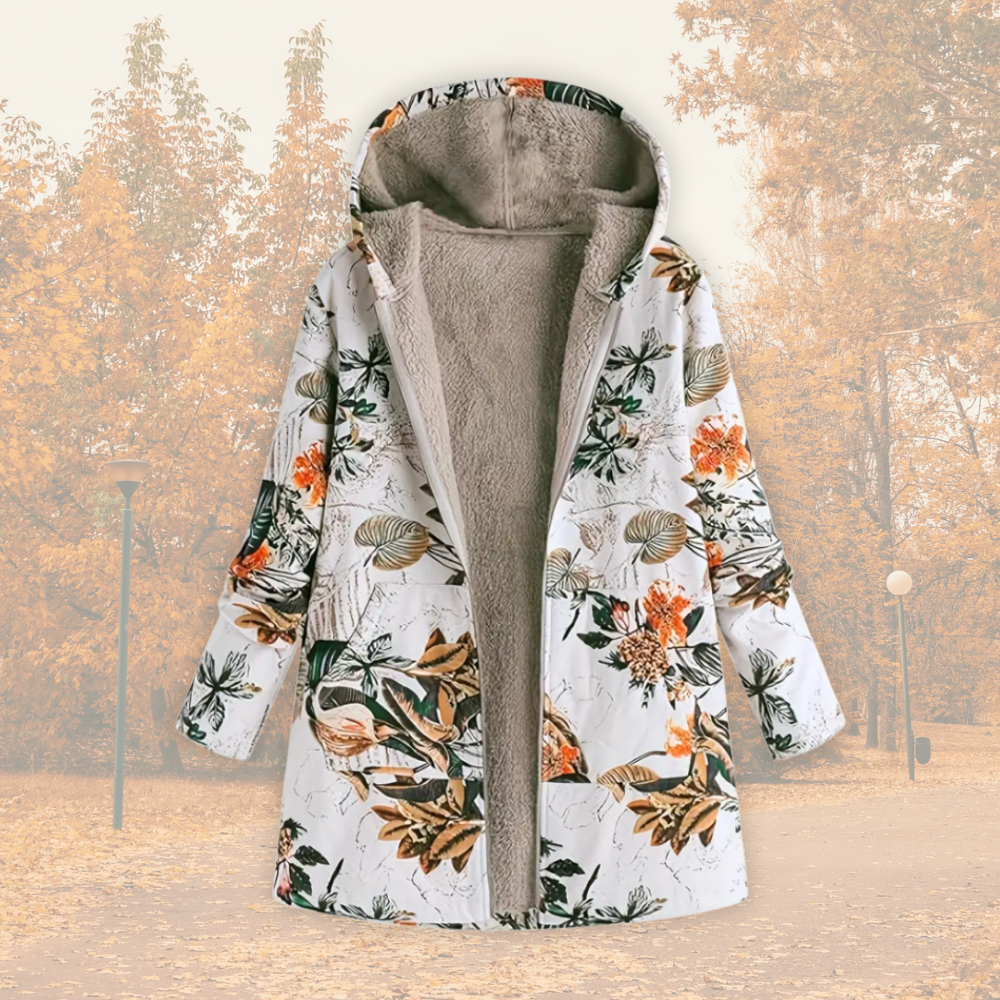Giacca Lunga da Donna con Cappuccio e Fodera in Caldo Pile Peluche | Giubbotto con Cerniera, Tasche e Fantasia Floreale