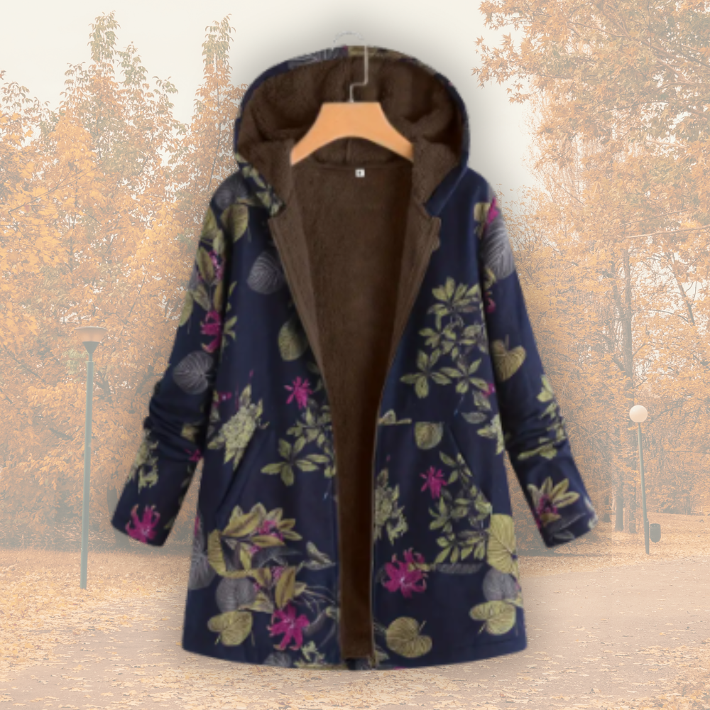 Giacca Lunga da Donna con Cappuccio e Fodera in Caldo Pile Peluche | Giubbotto con Cerniera, Tasche e Fantasia Floreale