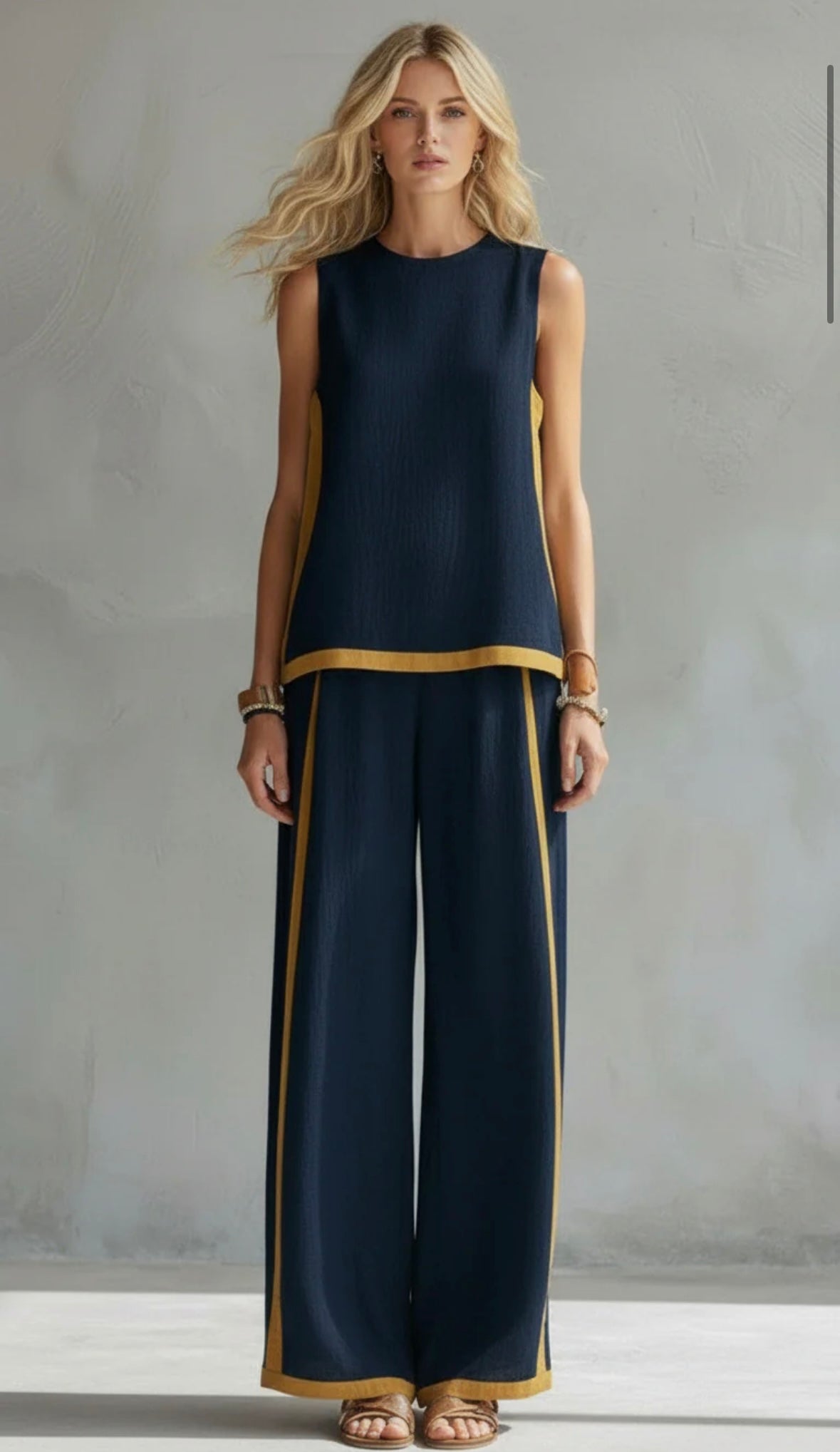 Completo da Donna a Due Pezzi Elegante con Profili a Contrasto | Top Senza Maniche e Pantaloni Ampi