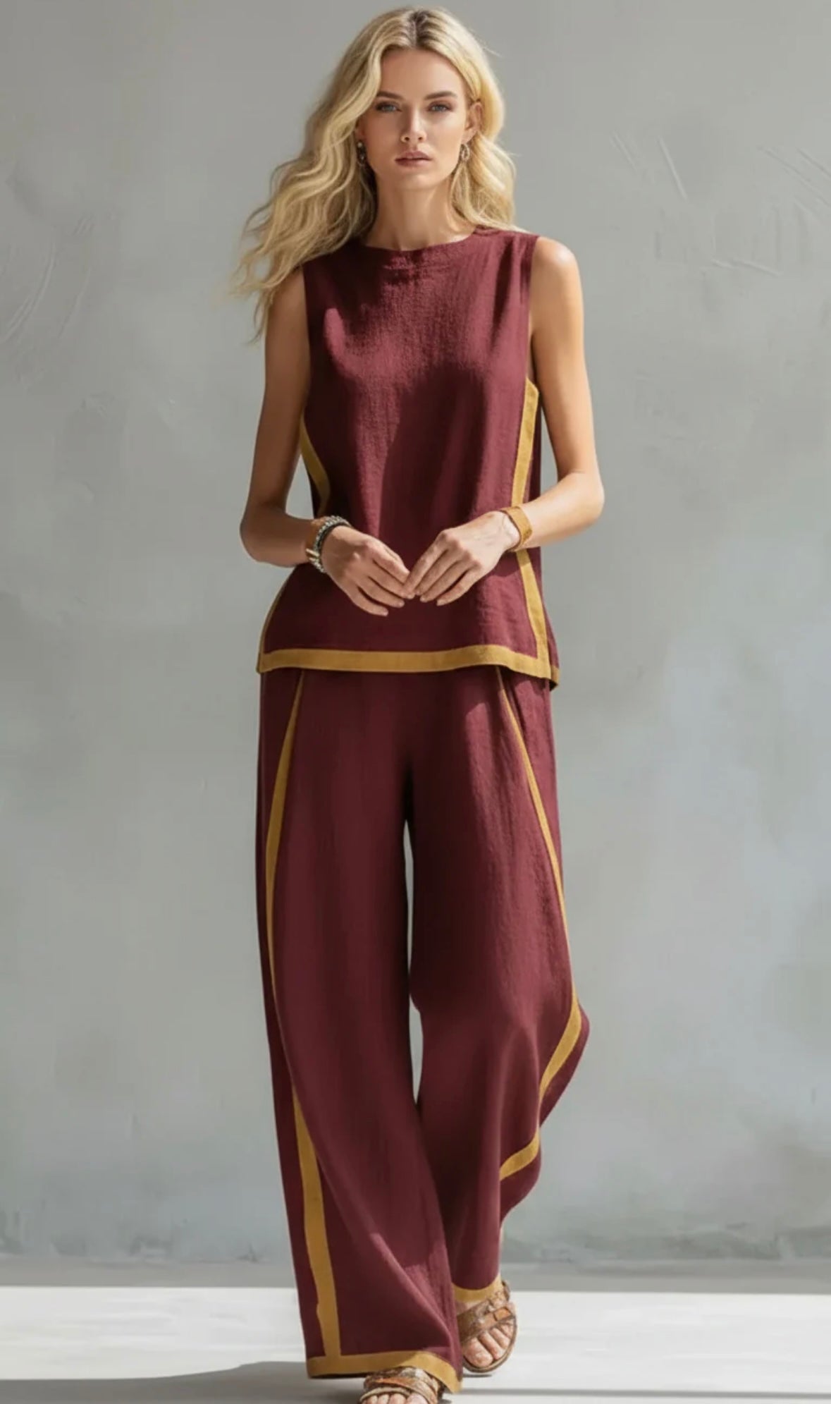 Completo da Donna a Due Pezzi Elegante con Profili a Contrasto | Top Senza Maniche e Pantaloni Ampi