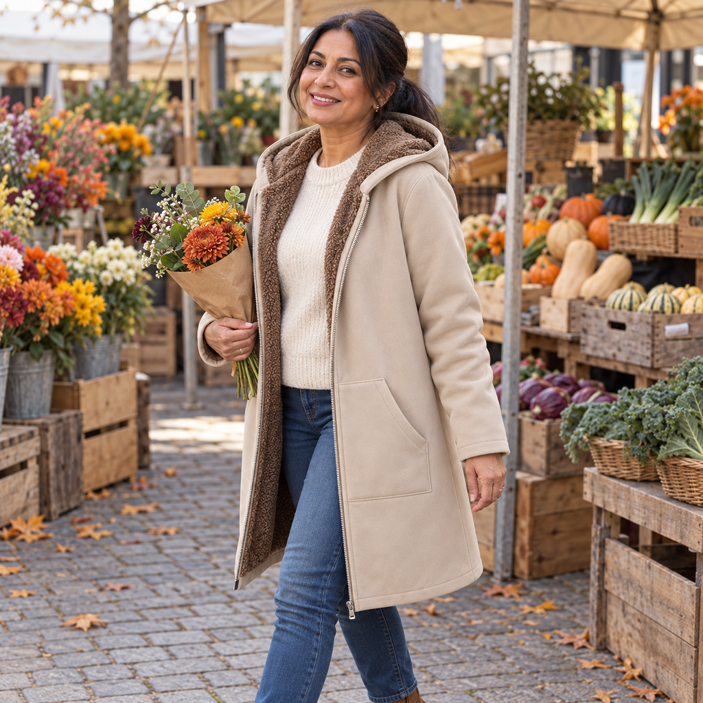 Cappotto Invernale da Donna con Cappuccio e Fodera in Sherpa | Giaccone Caldo con Zip Frontale e Tasche Laterali