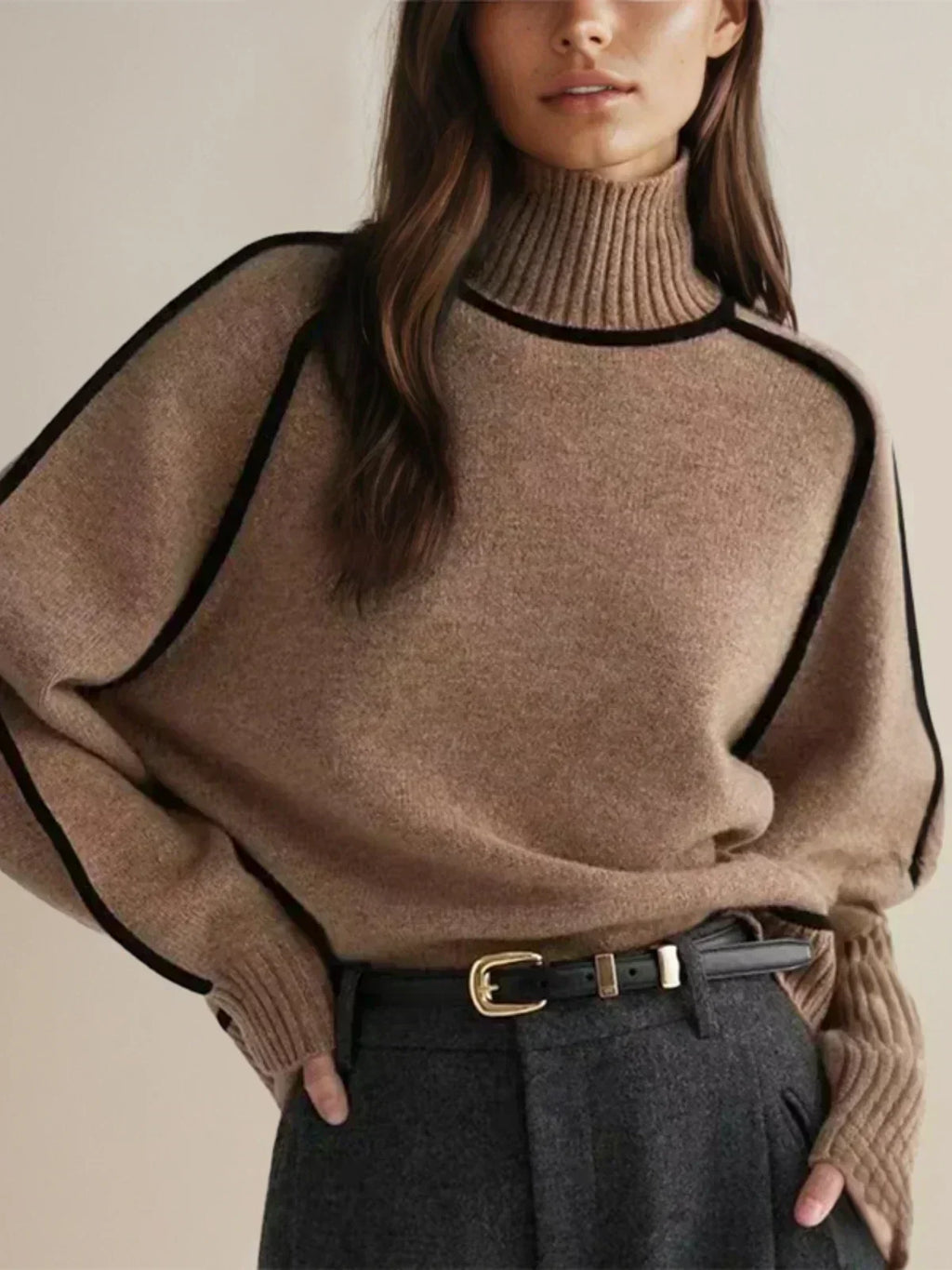 Maglione da Donna a Collo Alto con Profili a Contrasto | Pullover Dolcevita Invernale Caldo con Maniche Raglan e Bordature