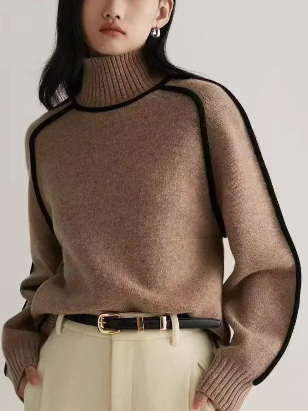 Maglione da Donna a Collo Alto con Profili a Contrasto | Pullover Dolcevita Invernale Caldo con Maniche Raglan e Bordature