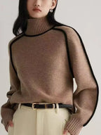 Maglione da Donna a Collo Alto con Profili a Contrasto | Pullover Dolcevita Invernale Caldo con Maniche Raglan e Bordature
