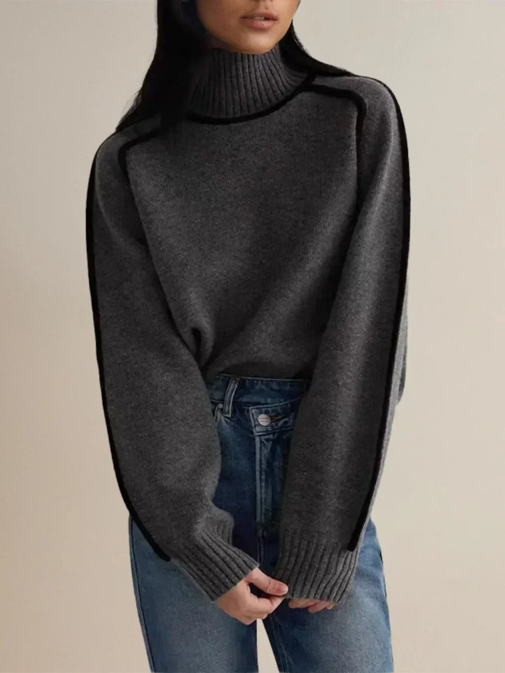 Maglione da Donna a Collo Alto con Profili a Contrasto | Pullover Dolcevita Invernale Caldo con Maniche Raglan e Bordature