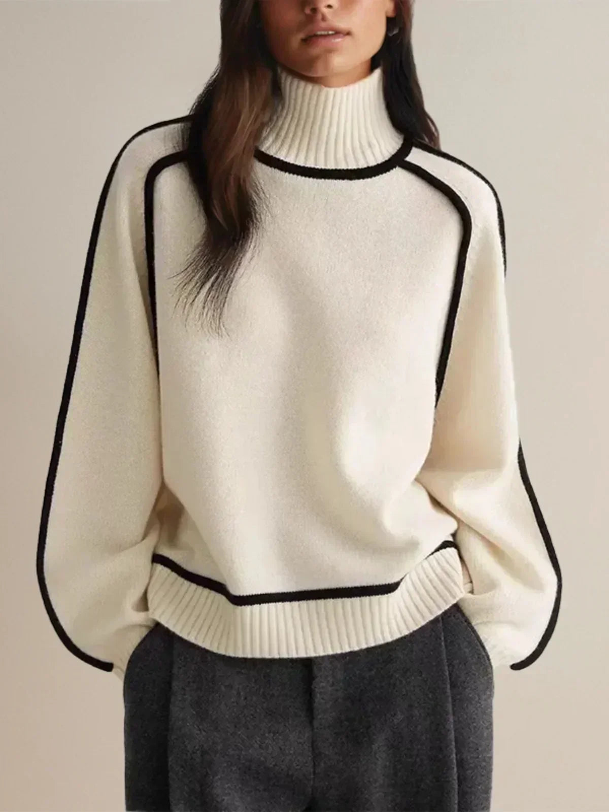 Maglione da Donna a Collo Alto con Profili a Contrasto | Pullover Dolcevita Invernale Caldo con Maniche Raglan e Bordature