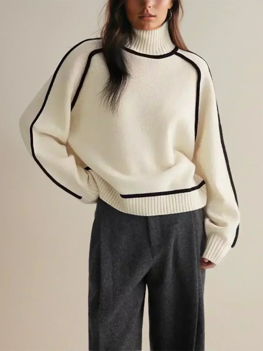 Maglione da Donna a Collo Alto con Profili a Contrasto | Pullover Dolcevita Invernale Caldo con Maniche Raglan e Bordature