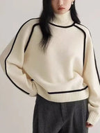 Maglione da Donna a Collo Alto con Profili a Contrasto | Pullover Dolcevita Invernale Caldo con Maniche Raglan e Bordature