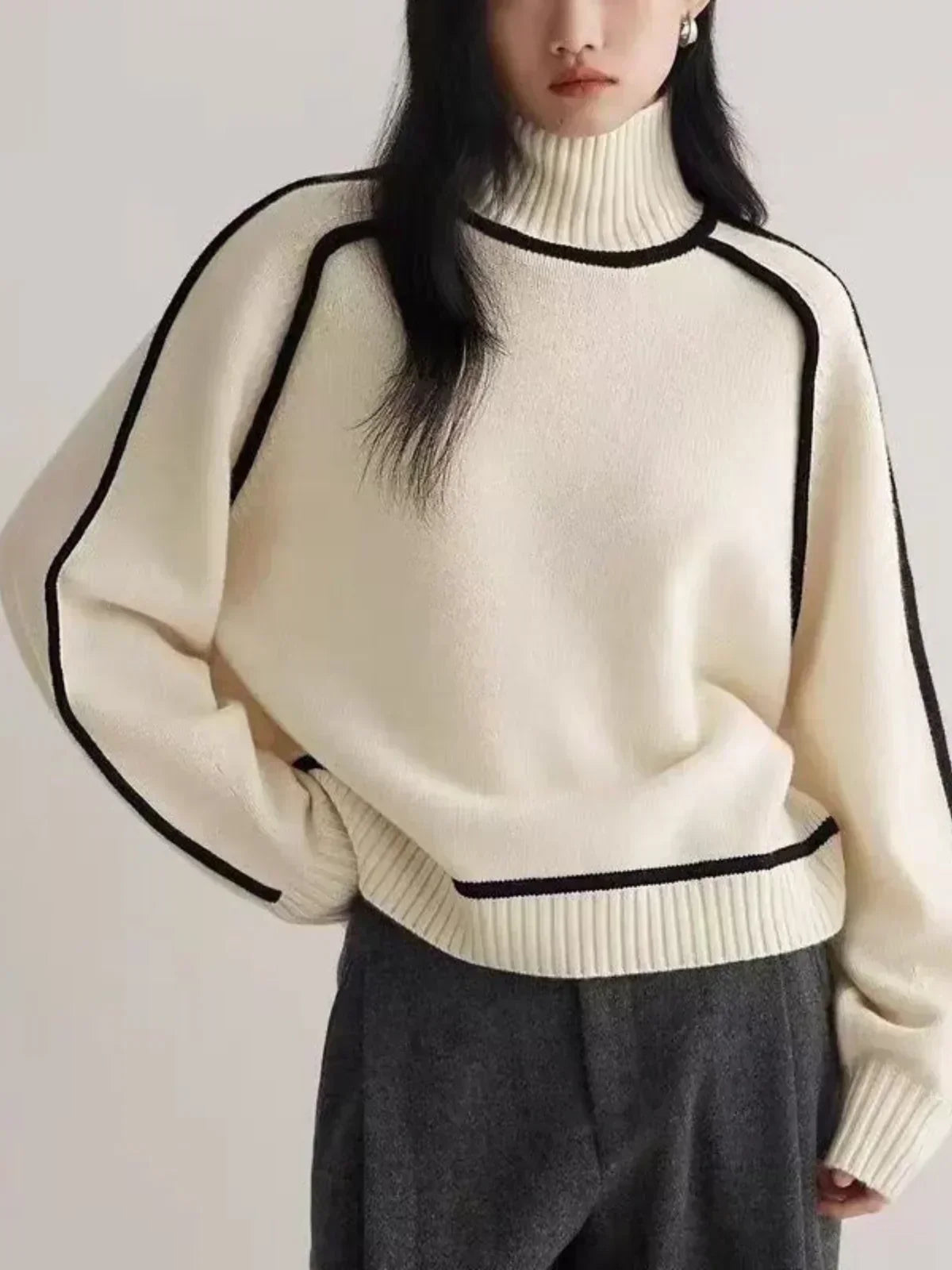 Maglione da Donna a Collo Alto con Profili a Contrasto | Pullover Dolcevita Invernale Caldo con Maniche Raglan e Bordature