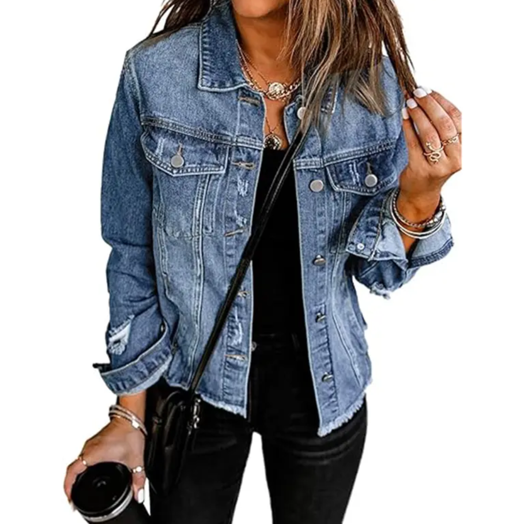 Giacca di Jeans da Donna con Strappi ed Effetto Consumato | Giubbotto Denim Vintage con Orlo Sfilacciato e Tasche sul Petto