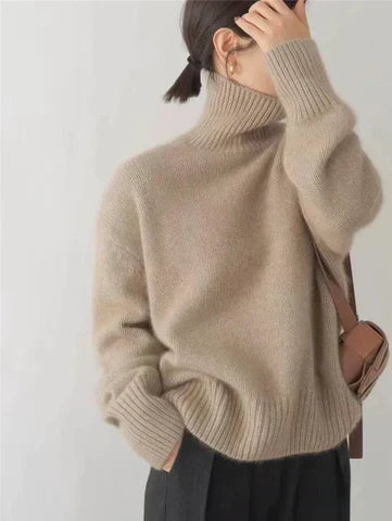 Maglione da Donna a Collo Alto in Maglia Morbida a Costine | Pullover Dolcevita Caldo Invernale con Spacchi sui Polsini