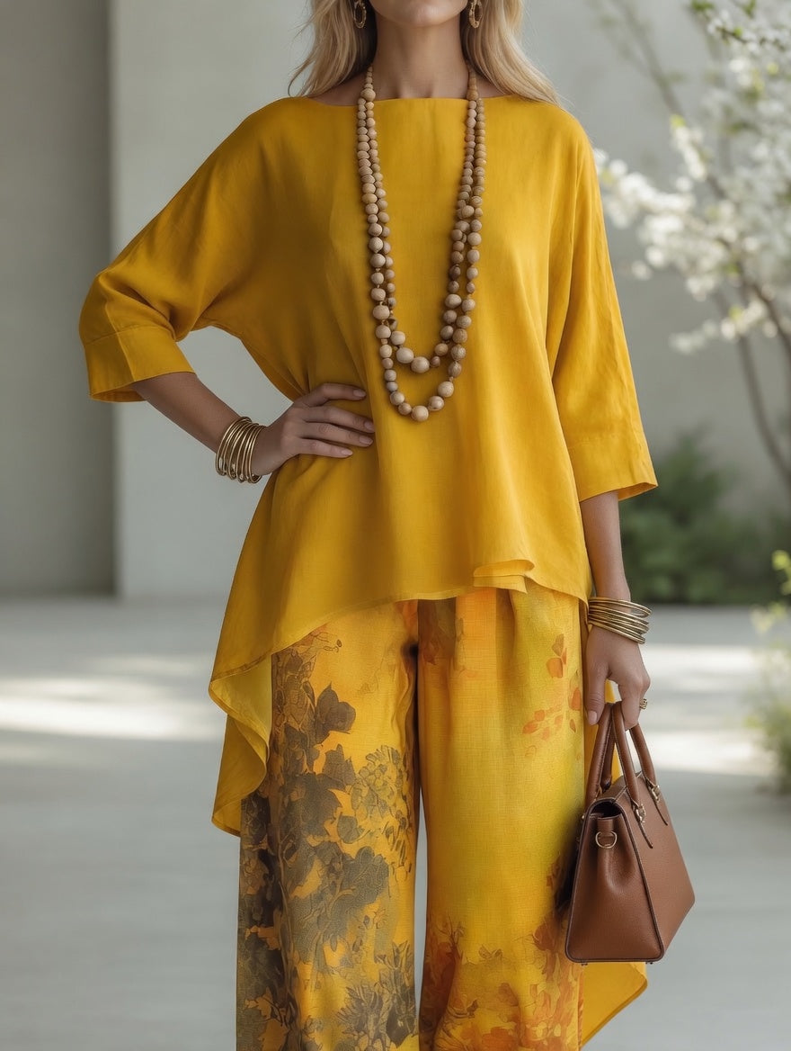Completo da Donna Elegante con Stampa Botanica Vintage | Set Coordinato 2 Pezzi Tunica Asimmetrica High-Low e Pantaloni a Gamba Larga