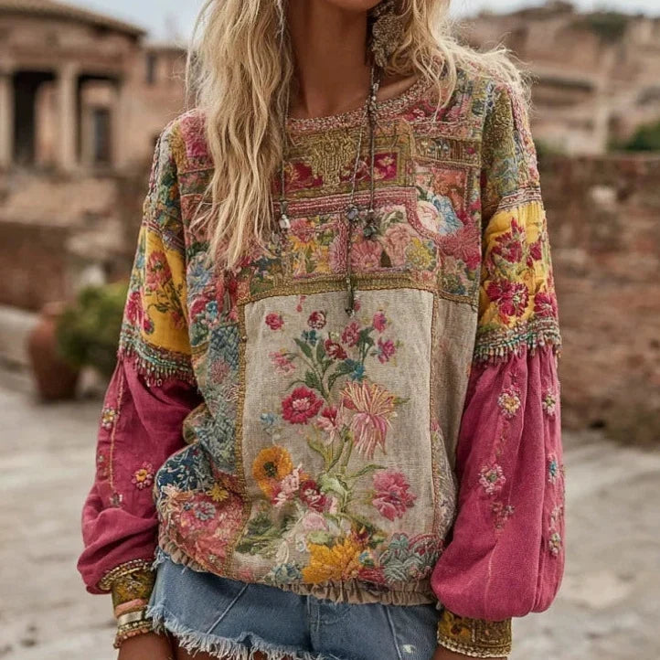 Maglione da Donna in Maglia Morbida con Patchwork Floreale Boho | Pullover Invernale Colorato con Ricami a Rilievo e Dettagli all'Uncinetto