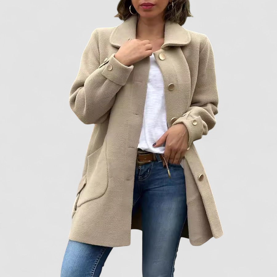 Cappotto Classico Oversize da Donna con Colletto Tradizionale e Bottoni | Soprabito Sartoriale Lungo con Maniche Strutturate e Grandi Tasche Sagomate