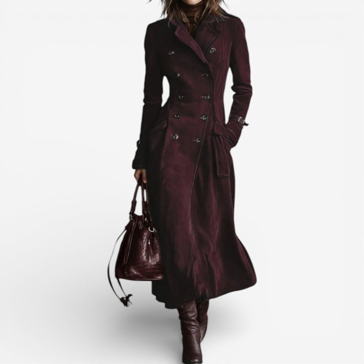 Cappotto Lungo da Donna in Tessuto Effetto Scamosciato con Cintura | Trench Invernale Doppio Petto con Revers e Profili a Contrasto