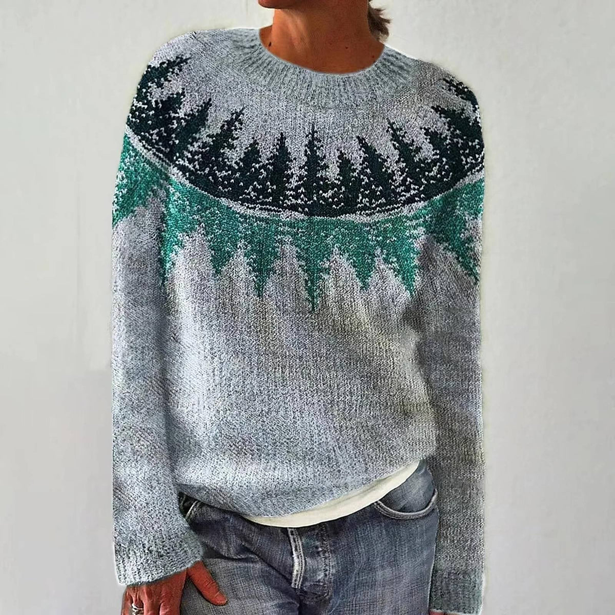 Maglione da Donna Girocollo in Maglia con Motivo Foresta Scandinava | Pullover Invernale Caldo con Alberi Nordici sullo Sprone