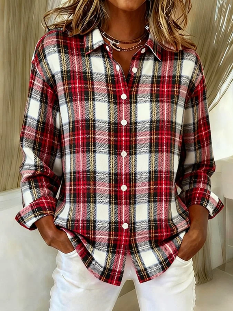 Camicia da Donna in Flanella di Cotone a Quadri | Blusa Classica Invernale a Maniche Lunghe con Colletto e Bottoni