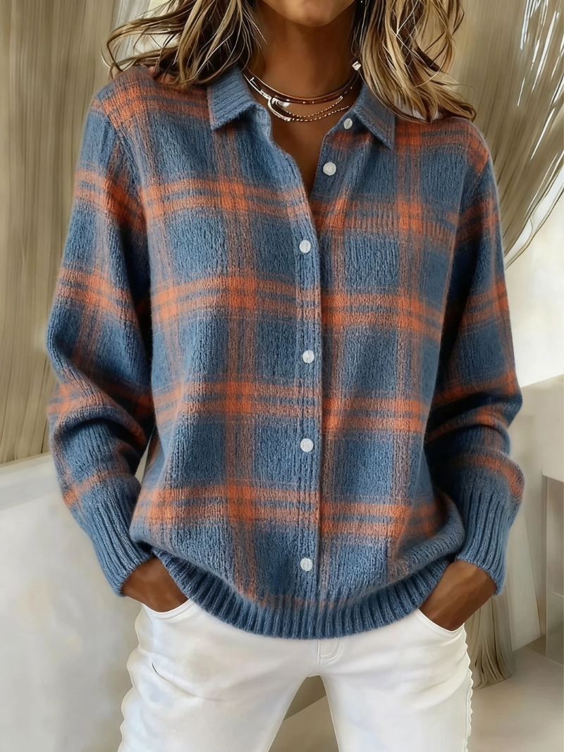 Camicia da Donna in Flanella di Cotone a Quadri | Blusa Classica Invernale a Maniche Lunghe con Colletto e Bottoni