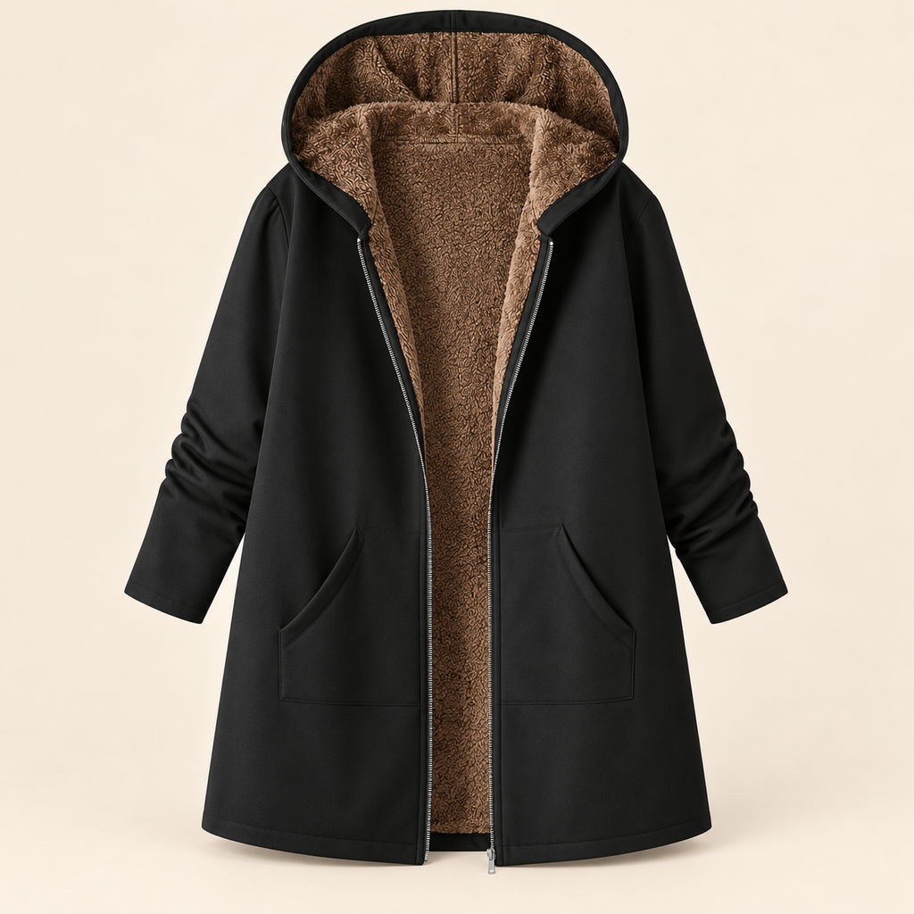 Cappotto Invernale da Donna con Cappuccio e Fodera in Sherpa | Giaccone Caldo con Zip Frontale e Tasche Laterali