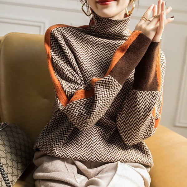 Maglione da Donna a Collo Alto con Righe a Contrasto | Pullover Lavorato a Maglia Caldo e Morbido