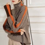 Maglione da Donna a Collo Alto con Righe a Contrasto | Pullover Lavorato a Maglia Caldo e Morbido