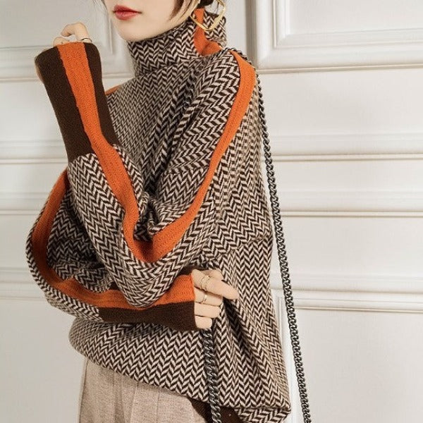 Maglione da Donna a Collo Alto con Righe a Contrasto | Pullover Lavorato a Maglia Caldo e Morbido