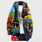 Cappotto Lungo con Cappuccio da Donna Foderato in Caldo Pile Peluche con Stampa Urbana | Giacca Invernale con Cerniera, Coulisse e Motivo Artistico Parigi