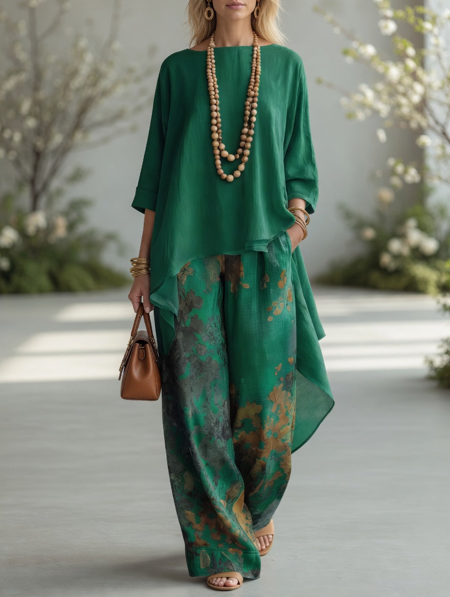 Completo da Donna Elegante con Stampa Botanica Vintage | Set Coordinato 2 Pezzi Tunica Asimmetrica High-Low e Pantaloni a Gamba Larga