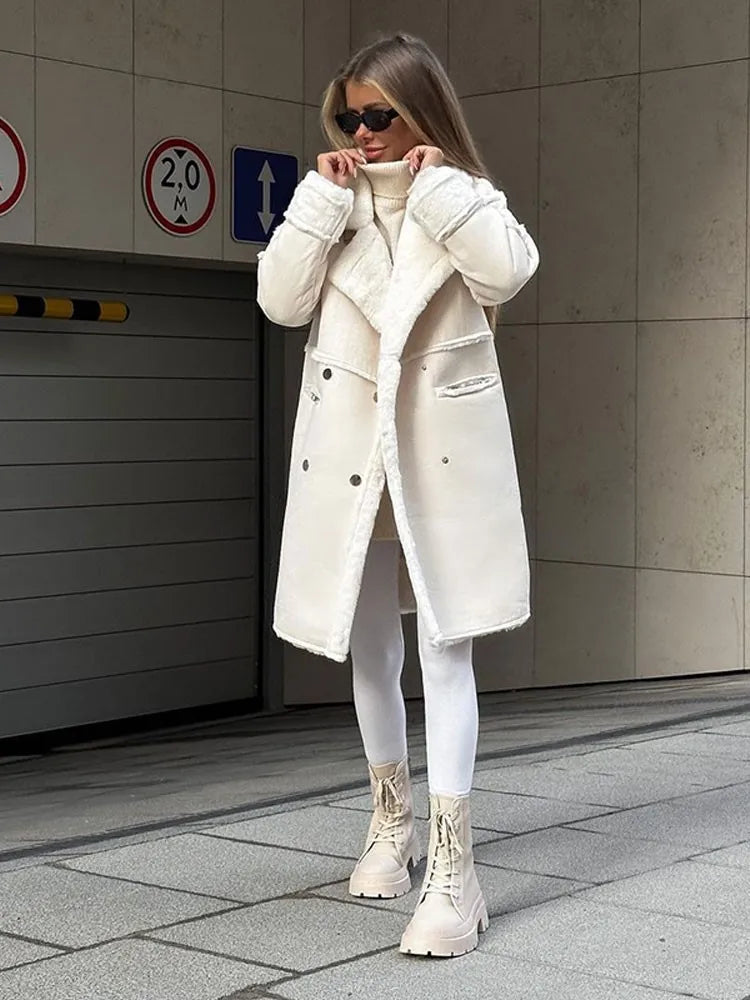 Cappotto Lungo da Donna Effetto Montone Shearling con Revers e Doppiopetto | Soprabito Invernale al Ginocchio con Fodera Calda e Tasche con Zip