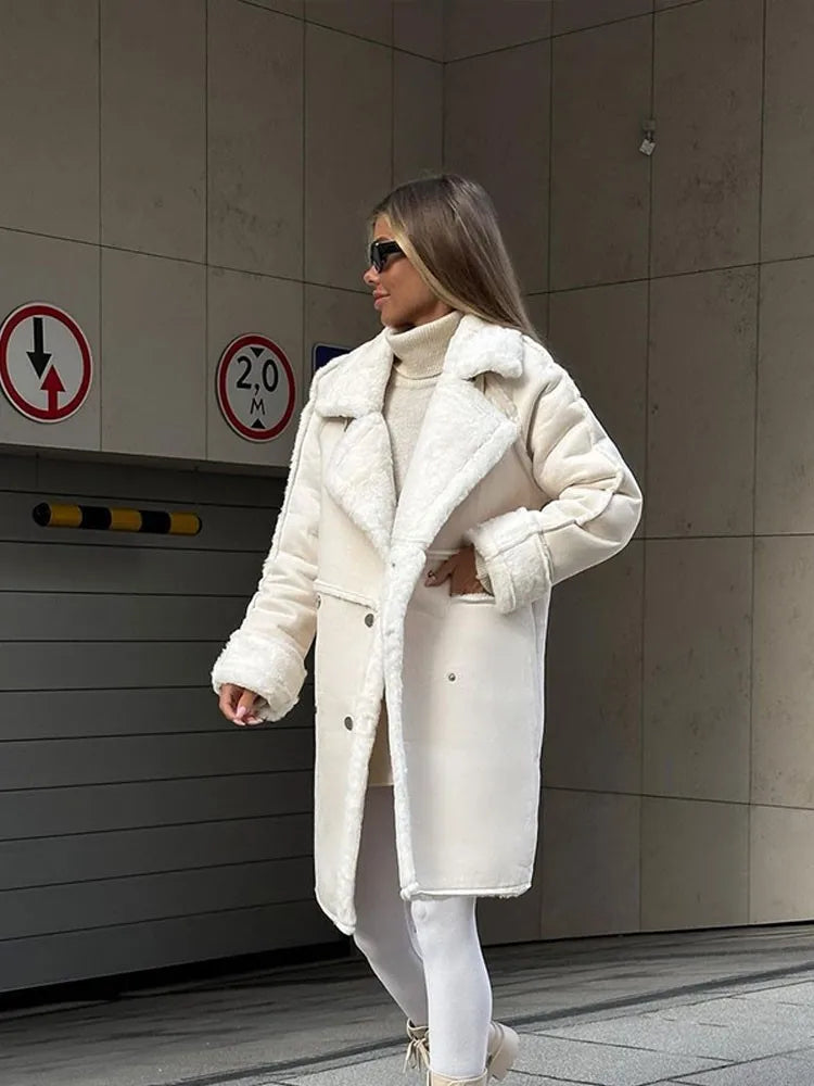 Cappotto Lungo da Donna Effetto Montone Shearling con Revers e Doppiopetto | Soprabito Invernale al Ginocchio con Fodera Calda e Tasche con Zip